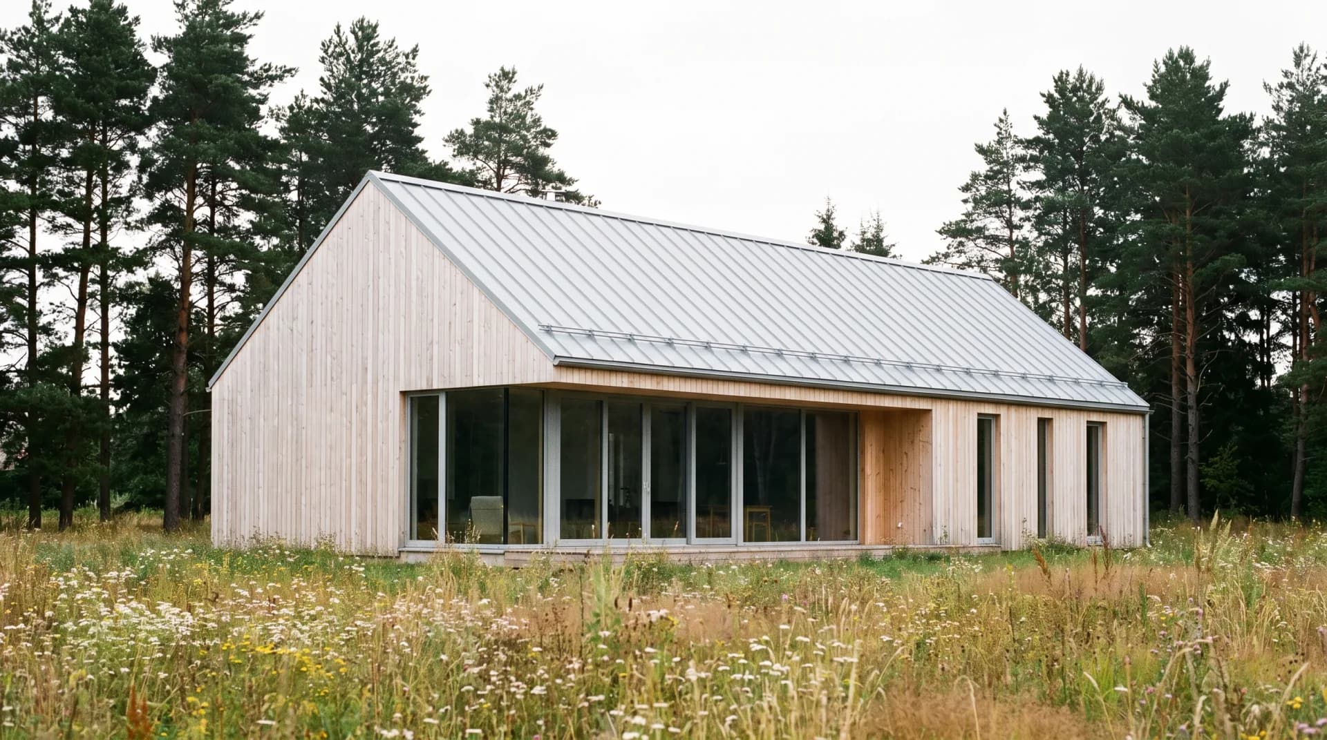 Pale larch house with a grey metal roof in a meadow by a pine forest