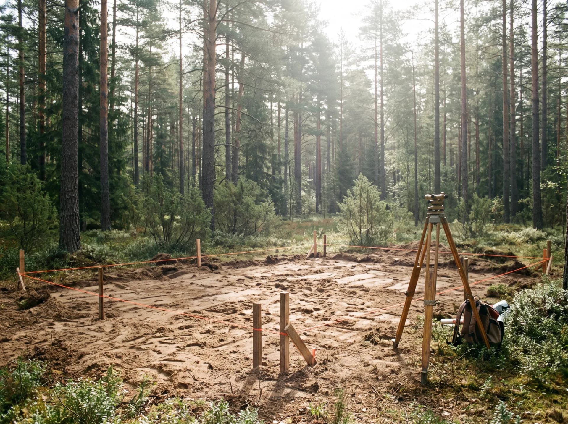 Survey stakes and orange string lines set out on a cleared forest plot