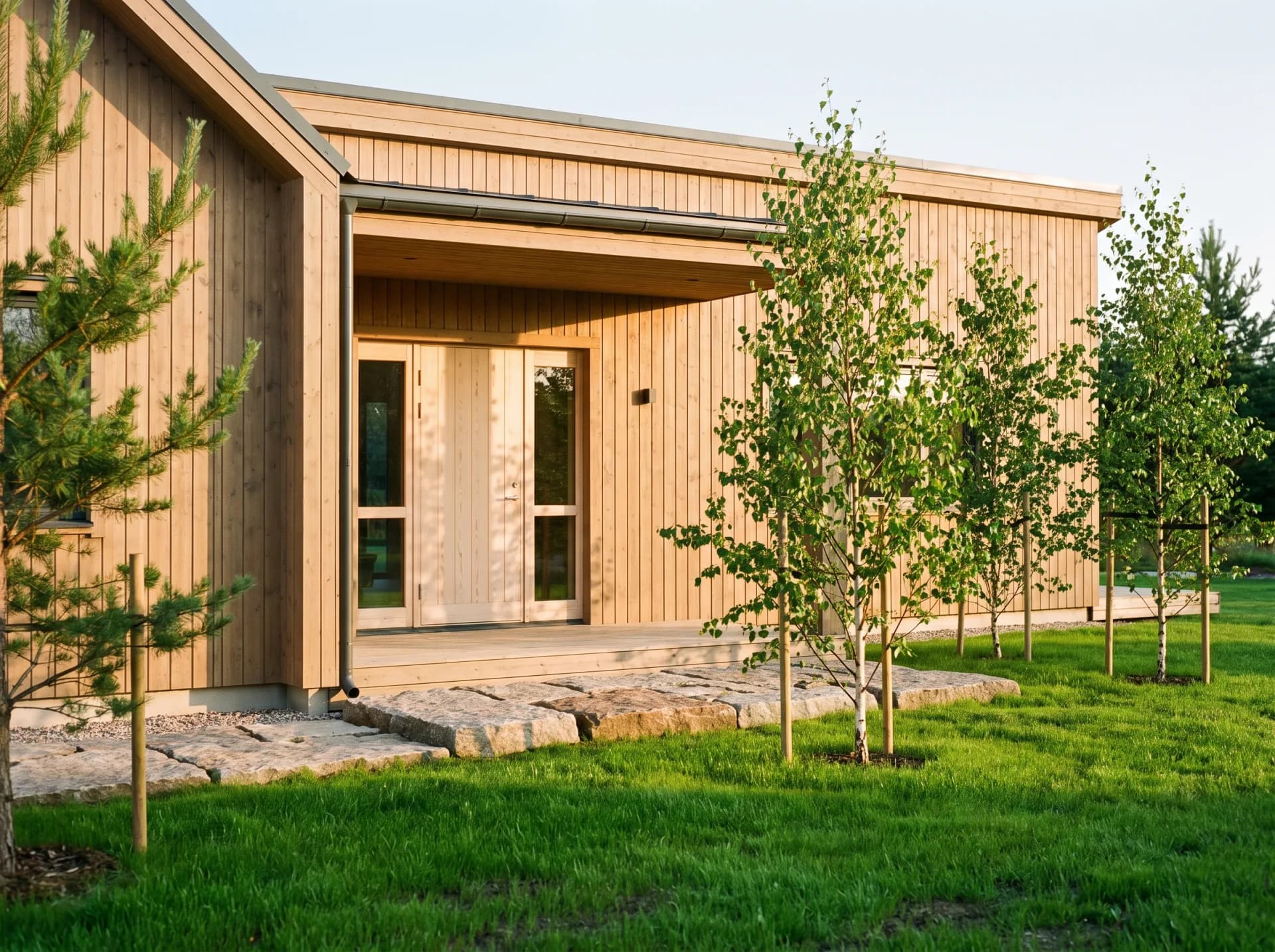 Finished house at handover with new paving and young trees
